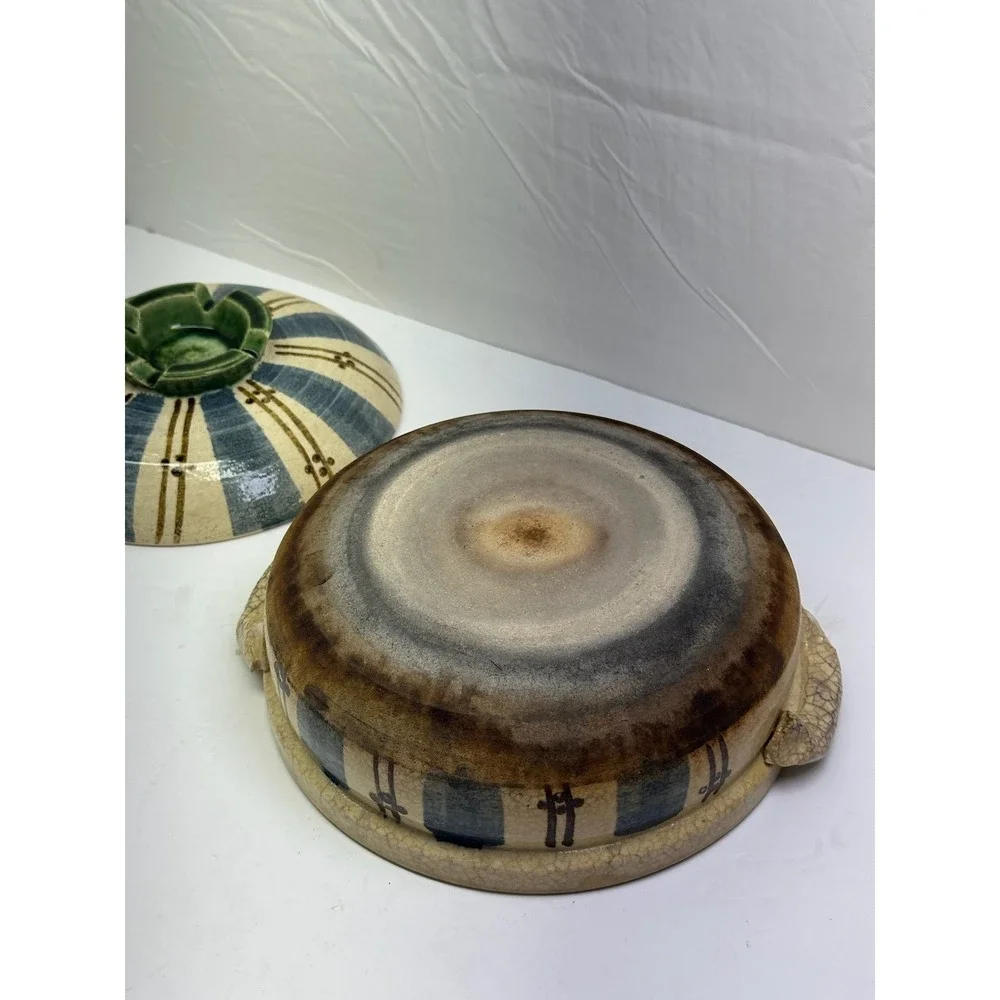 Vintage Japanese Donabe Casserole Pot Blue Striped Earthenware Cookware B-7